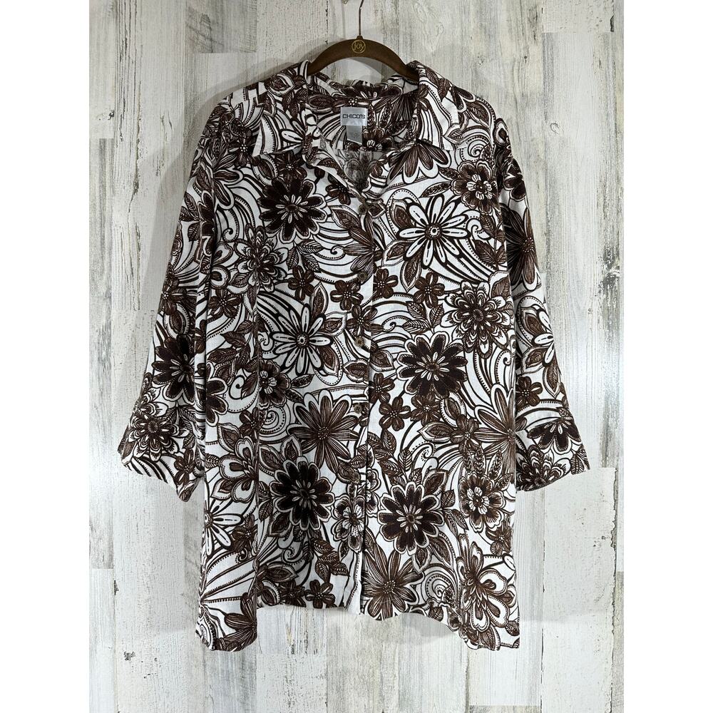 Chicos Top Size 3 or XL Brown Floral Hawaiian Linen 3/4 Sleeve Button Up READ